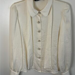 Zara Cream Button Down Blouse with Peter Pan Collar and Long Sleeves